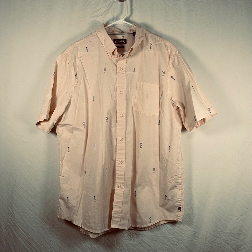 Chaps Button Down Men XL Peachy Pink Seahorse Print Short Sleeve Easy Care Shirt